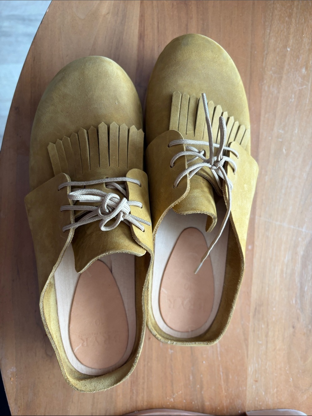 Bryr Olive Mustard Suede Fringe Lace-Up Mules